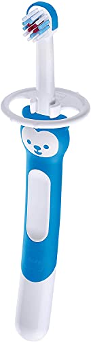 MAM Training Brush - Cepillo de dientes para bebé con mango largo para sujetar juntos, para una limpieza suave de los dientes, a partir de 5 meses, color azul-Instrucciones en lengua extranjera