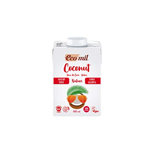 Ecomil Leche de coco sin azúcares Bio 500ml.Sin lactosa, sin gluten, sin azúcares, sin soja, sin huevo, sin azúcares añadidos, sin proteína láctea y con bajo contenido en sal