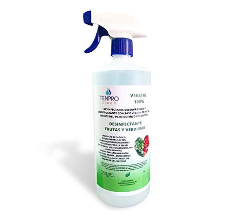 TENPRO CLEAN Desinfectante para Frutas y Verduras 1 LITRO. Producto 100% Vegetal a Base de bioetanol y ricino. Sin lejía, no toxico, con atomizador (1 LITRO)