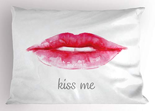 ABAKUHAUS Beso Funda de Almohada, Pintalabios Rosa Kiss Me, Decorativa Estampada Tamaño Standard Queen Size, 75 X 50 cm, Gris pálido Color de Rosa Caliente