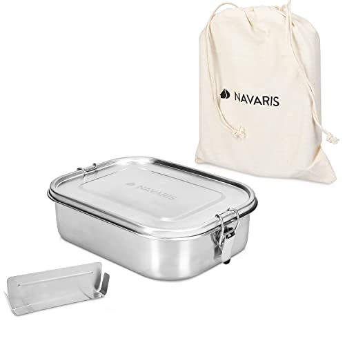 Navaris Fiambrera de acero inoxidable para comida - Envase hermético con separador y tapa - Recipiente rectangular de 1400 ML - Lunch box de metal