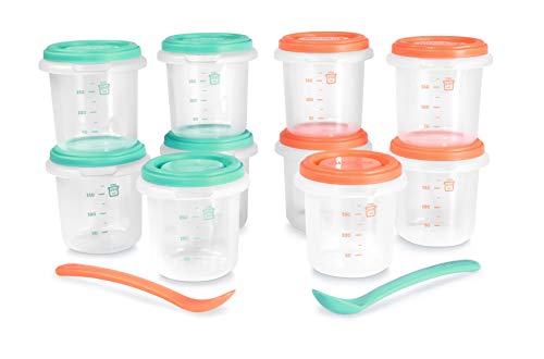 Miniland - Pack de 10 herméticos para alimentos de 250ml y dos cucharas anatómicas. Recipientes para organizar las comidas de tu bebé. Para todo tipo de alimentos: sólidos, líquidos, leche materna. Co