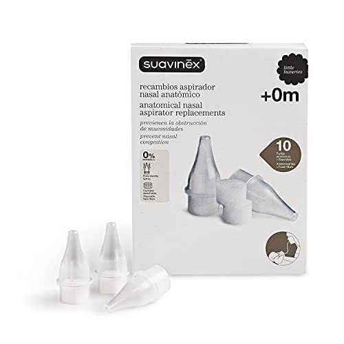 Suavinex 400287 - Pack 10 recambios Aspirador nasal anatómico. para bebés +0 meses. 10 puntas blanditas + 10 Esponjitas desechables. 0% BPA, blanco