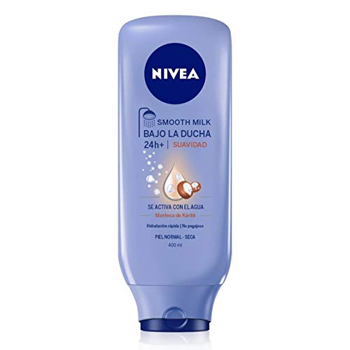 NIVEA Bajo la Ducha Smooth Milk (1 x 400 ml) leche corporal para la ducha, hidratante con manteca de karité para el cuidado de la piel seca y normal (4005900007971)