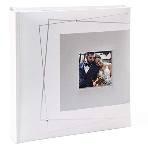 Kusso Álbum de fotos de boda blanco perla de lujo blanco con diseño geométrico plateado y cristales de 10 x 15 cm, personalizable, con ventana de fotos, serie Harmony Celebration