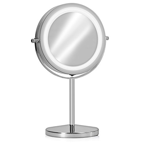 Navaris espejo cosmético con iluminación LED - Espejo normal y con 7 aumentos - Espejo para maquillarse giratorio 360° - 17 luces LED de 26 Lumen