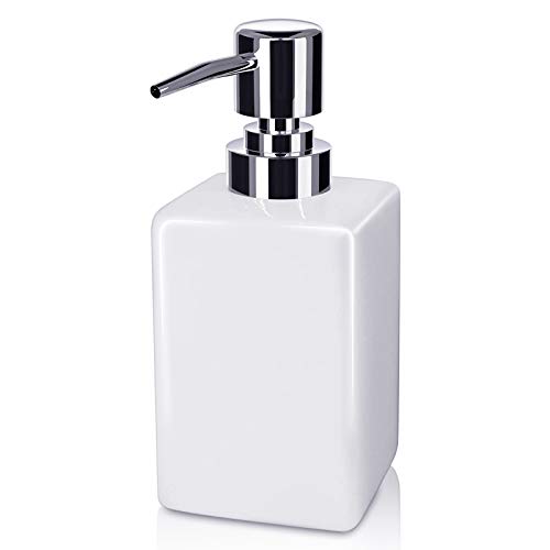 Dispensador de jabón de cerámica, 320 ml cuadrado clásico jabón y loción dispensador para cocina/baño/lavandería, champú recargable, jabón de manos, jabón de platos, aceite esencial (blanco)
