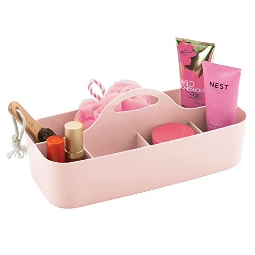 mDesign Caja con asa para la ducha con 11 compartimentos – Caja organizadora portátil para artículos de baño – Cesta de almacenaje de plástico para gel, champú, cuchillas y más – rosa