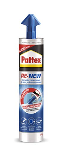 Pattex RE-NEW en cartucho, silicona blanca para sanitarios, blanqueador de juntas para baños, sellador universal impermeable con triple resistencia al moho, 1 x 280 ml
