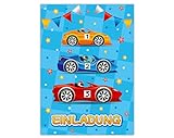 12 tarjetas de invitación para cumpleaños infantiles, diseño de coche de carreras