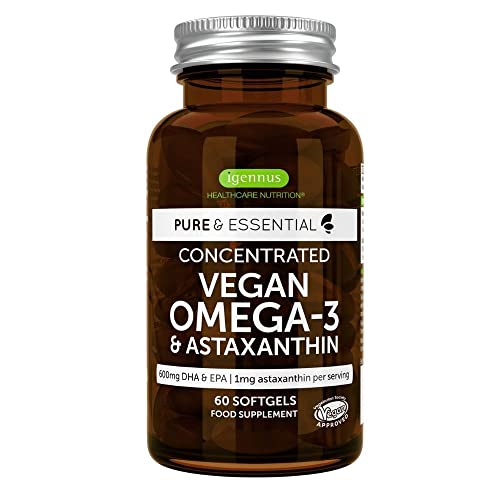 Pure & Essential Omega-3 Vegano, 1344 mg de Aceite de Algas (DHA + EPA 600 mg) y Astaxantina, 60 cápsulas blandas