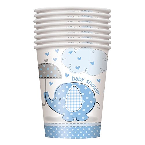 Unique Party- Vasos de Papel Baby Shower con Elefante, 8 Unidades, Color azul, 266 ml (41696)