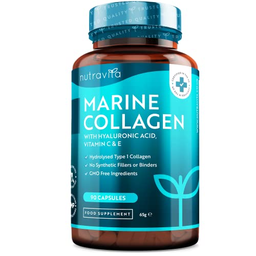 Super Fuerza Colágeno Marino Dosis Alta 1000 mg, Ácido Hialurónico, Vitamina C y E | 90 cápsulas | Biodisponibilidad superior | fabricado por Nutravita