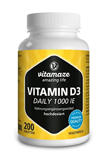 Vitamaze® Vitamina D3 1000 UI de Alta Dosis, 200 Tabletas Vegetarianas para Suministro Continuo, 25 mcg de Colecalciferol Puro, Vitamin D Pastillas para Mujer y Hombre, sin Aditivos Innecesarios