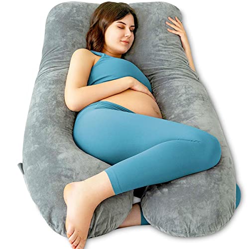 QUEEN ROSE Almohada para Embarazadas en Forma de U, Almohada para Dormir de Lado, Almohada de Lactancia, Terciopelo cálido (Felpa, Gris, 150 × 80 cm)