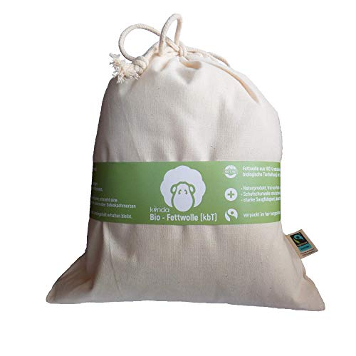 Lana grasa orgánica (kbt) en bolsa de algodón de comercio justo, cuidado natural de la piel con lana de lanolina - ideal como almohadillas de lactancia y para el trasero del bebé (100 g)