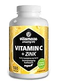 Vitamaze Vitamina C 1000 mg + Zinc, 180 Comprimidos Vegana para 6 Meses, Reducen Fatiga y Fortalecen el Sistema Inmunológico, Natural Pura Suplemento sin Aditivos Innecesarios, Calidad Alemana