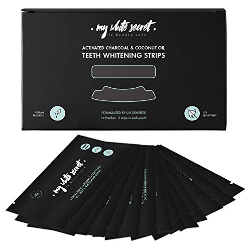 My White Secret - Tiras de blanqueamiento dental (28 Bandas) Vegano - Carbón activo y aceite de coco - Kit blanqueamiento dental hecho en el Reino Unido por dentistas - Esmalte seguro - Sin fluoruro