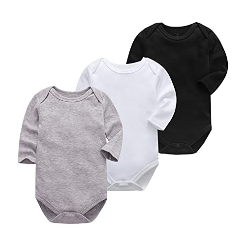 OPAWO Body unisex de algodón de manga larga y corta para bebés de 0 a 24 meses, paquete de 3, Black/White/Grey Long, 9 mes
