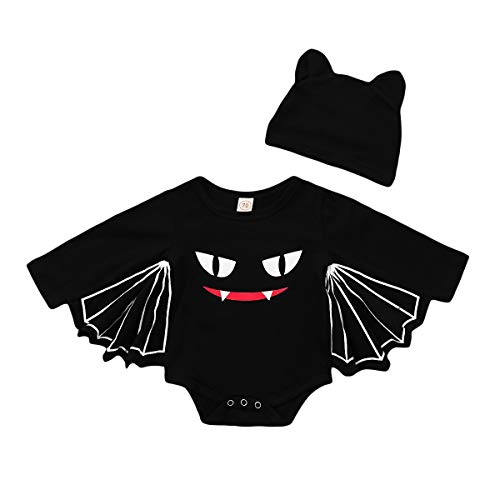 Disfraz de Bebé para Halloween Cosplay 2 Piezas Mameluco de Manga Larga con Alas de Murciélago Impreso Cara de Diablo con Sombrero 0-24 Meses (Negro, 6-12 Meses)