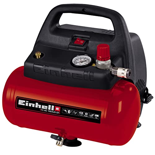 Einhell Compresor TC-AC 190/6/8 OF (1.100 W, máx. 8 bar, motor exento de aceite/servicio, depósito de aire comprimido de 6 litros, manómetro, acoplamiento rápido, mango), Color Negro, Rojo