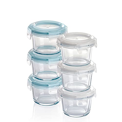 Grizzly Recipientes de vidrio para almacenamiento de alimentos para bebés - Mini platos a prueba de horno con tapas - 6 x 130 ml Redondo - Hermético al aire y a los líquidos