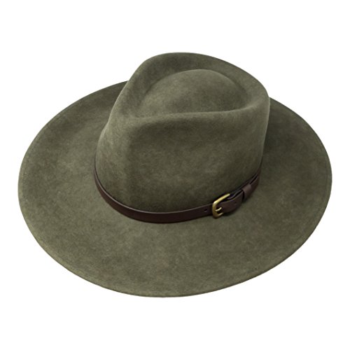 B&S Premium Lewis - Sombrero de ala Ancha Fedora - 100% Fieltro de Lana - Resistente al Agua - Banda de Piel - Verde Oscuro 54cm