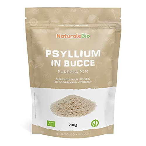 Cáscara de Psyllium Ecológico - 99% Pureza - 200g. Psyllium Husk, Natural y Puro. Cutícula de semillas de Psilio Orgánico, producido en India. Rico en Fibra, para añadir al Agua, Bebidas y Zumos.
