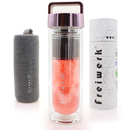 freiwerk® té termo botella fabricante colador infusor vidrio doble pared tela de neopreno libre de BPA tapa gris rosa metálico 400 ml