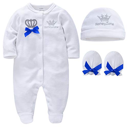 kavkas Baby Footies - Conjunto de pijama de terciopelo para recién nacidos con gorro y guantes, 0-12 meses