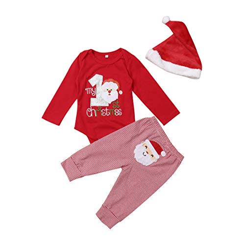 Mi Primera Navidad 2 Piezas Traje para Bebé Recién Nacido Conjunto de Mameluco de Manga Larga y Pantalones Ropa Pelele Pijama Unisex para Niño Niña 0-18 Meses (Rojo 2, 3-6 Meses)
