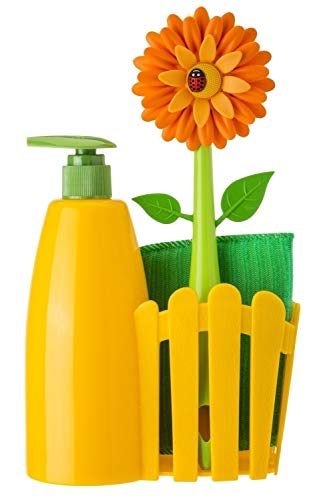 VIGAR Flower Power Set Fregadero con Dosificador de Jabón, Esponja y Cepillo Lavaplatos, Amarillo, Dimensiones: 14 x 7 x 26.5 cm