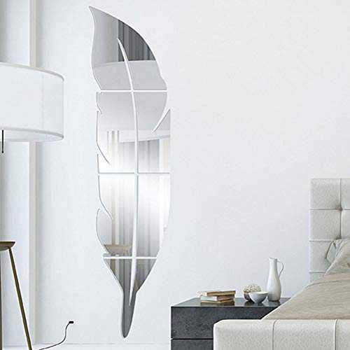 Pegatinas de espejo de pared de acrílico, 3D en forma de plumas, autoadhesivas, para decoración de la pared, para el hogar, sala de estar, dormitorio, baño (grande-30 x 120 cm, plateado)