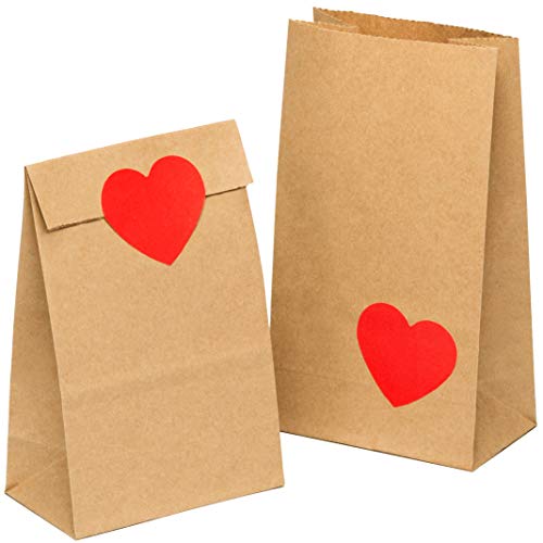 kgpack 100x Bolsas de papel kraft DIY Con pegatinas corazón 9 x 16 x 5 cm | Bolsas de papel Kraft para niños | calendario de adviento | Bolsa de regalo de fondo plano | Bolsa de papel de alimentos
