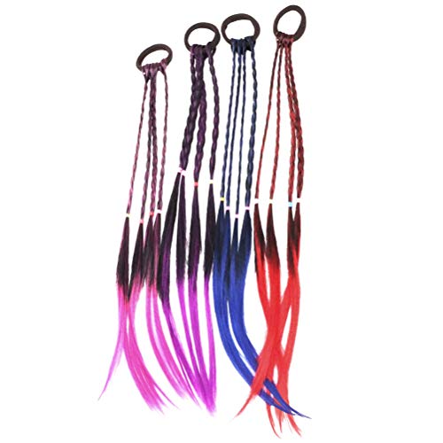 4 unids Peluca de trenza Elástica Lazos para el pelo Anillo de sostenedor de cola de caballo Coletas Trenzas Extensiones de cabello para niñas niños (Púrpura + Azul + Rosa Roja + Roja)