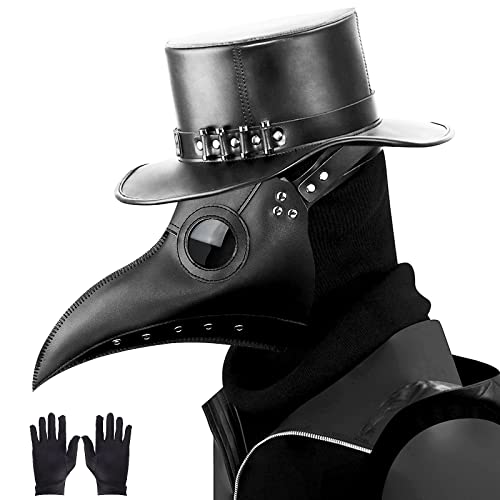 Kungfu Mall - Máscara gótica de médico de la peste negra, para cosplay, retro, estilo «steampunk», máscara de pájaro y guantes de fiesta negros para Halloween