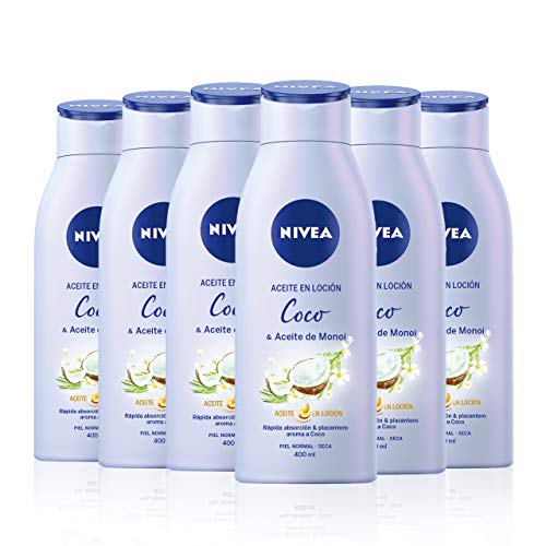 NIVEA Aceite en Loción Coco & Aceite de Monoi en pack de 6 (6 x 400 ml), aceite corporal con aroma a coco, loción hidratante de cuidado corporal para piel seca y normal