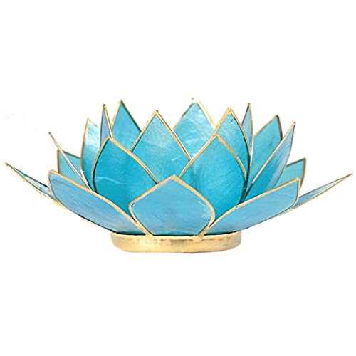 Spiritual Gifts Portavelas con forma de loto hecho de concha de capis y bordes en metal dorado de color loto está acabado en color azul turquesa (vela lignt de té no incluida).