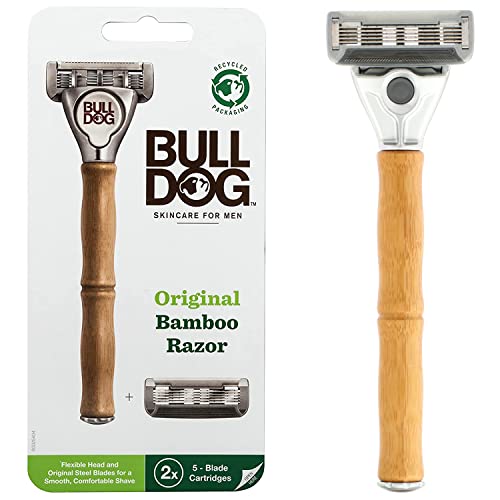 Bulldog Skincare for Men - Maquinilla de Afeitar Sostenible de Bambú con 2 Recambios de Cuchillas de 4 Hojas con 1 Hoja Extra de Precisión