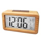 IWILCS Reloj Despertador Digital de Madera, Reloj Despertador De Madera, con Calendario y Temperatura, para Dormitorio, mesita de Noche, hogar, Oficina - 12/24 Horas