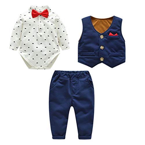 Fairy Baby Baby Boys 3pcs Traje Formal para niños pequeños Caballero Body + Chaleco + Pantalones Size 66(6-9 Meses) (Azul)