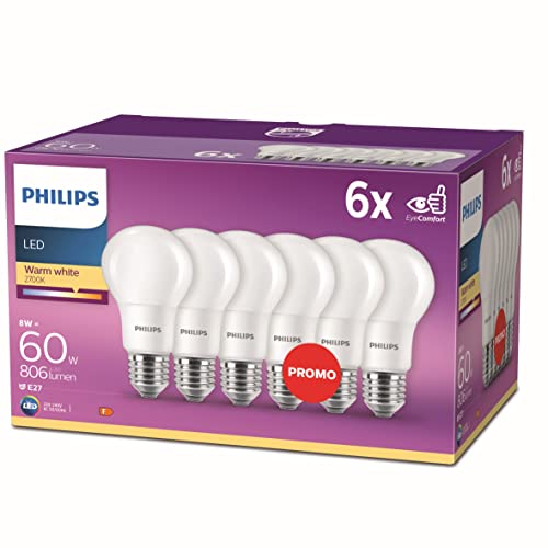 Philips - Bombilla LED 60W, E27, luz blanca cálida, mate, no regulable, pack 6