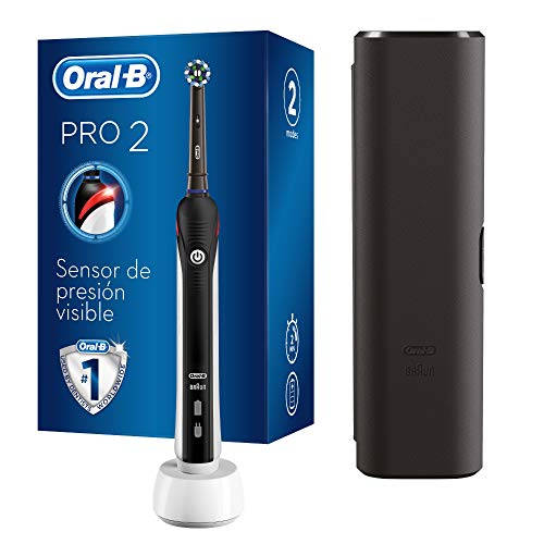 Oral-B Pro 2 2500 Cepillo de dientes eléctrico recargable con 1 mango con sensor de presión, 1 cabezal de cepillo y 1 estuche de viaje gratis, negro, elimina hasta el 100 % de la placa, idea de regalo