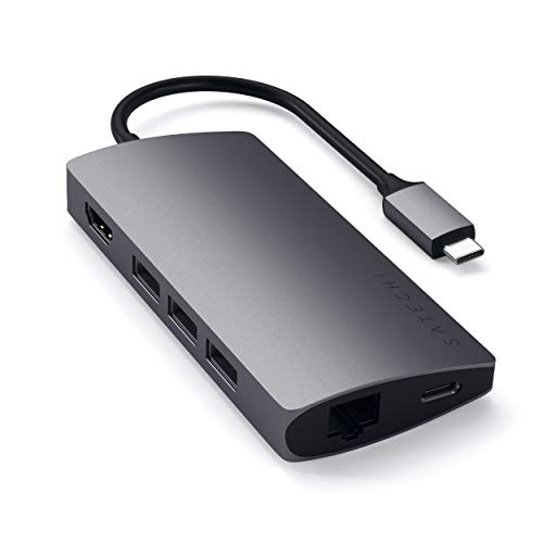 Satechi Adaptador Multi-Puertos V2 de Aluminio - 4K HDMI (60Hz), Gigabit Ethernet, Carga USB-C, Lectores SD/Micro, USB 3.0 - Compatible con 2020 MacBook Pro/Air M1 (Gris Espacial)