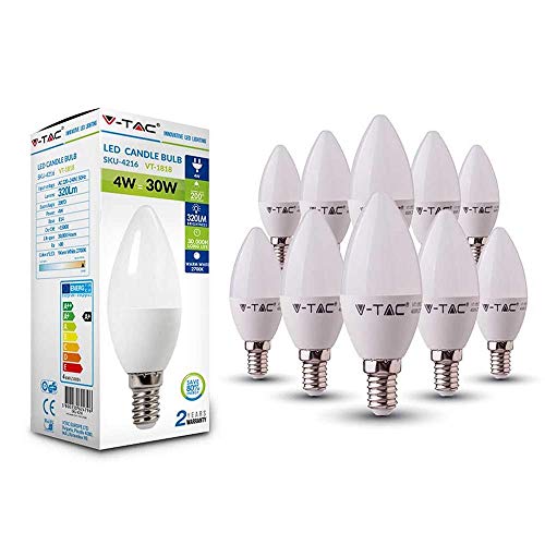 10er SET V-TAC E14 LED del bulbo de la lámpara de velas-form 2700 K blanco cálido 200° ángulo de haz de, blanco, E14, 4.00|wattsW, 230.00|voltsV