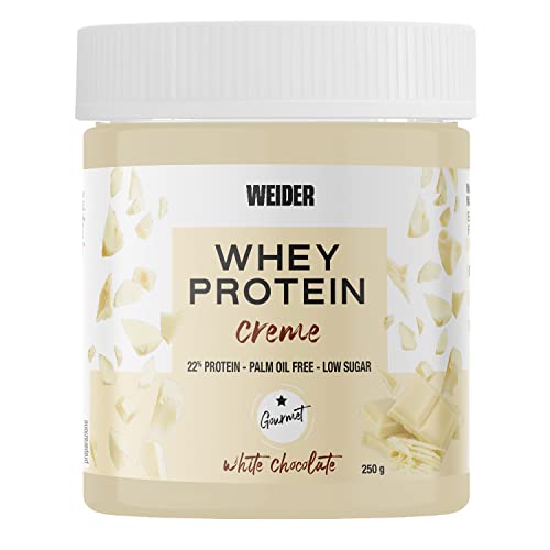 Weider Whey Protein White Spread 250 g. Crema de chocolate Blanco con 22% de proteínas Baja en azúcares Sin aceite de palma y sin gluten.