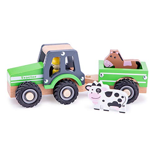 New Classic Toys-11941 Nuevos Clásicos Juguetes-1941-Vehículos en Miniatura-Simple Modelo-Tractor con Remolque y Cifras, Color madera (1941) , color/modelo surtido