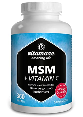 Vitamaze MSM Capsulas con Vitamina C, 360 Capsulas durante 6 Meses, 1334 mg de Dosis Diaria de Micronizado Azufre Polvo Organico, 99,9% de Metilsulfonilmetano Puro, Suplemento de calidad de Alemania