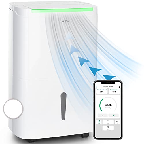 KLARSTEIN DryFy Connect - Deshumidificador de Aire, Humedad deseada Regulable, Función oscilación, WiFi, Filtro de carbón Activo, 230 m³/h, 25-30 m², Depósito Agua 4 L, Rendimiento 30 L/día, Blanco