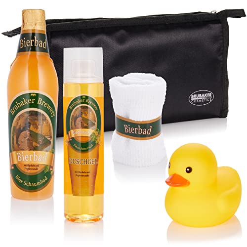 BRUBAKER Beer Bath Set Giftset for Men Showergel, Bath Foam, Sponge Bag, Towel and Rubberduck